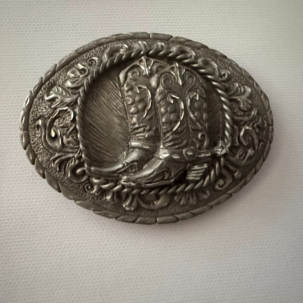 Vintage‎ Solid Pewter Western Belt Buckle Cowboy Cowgirl Boots USA 4" x 3"